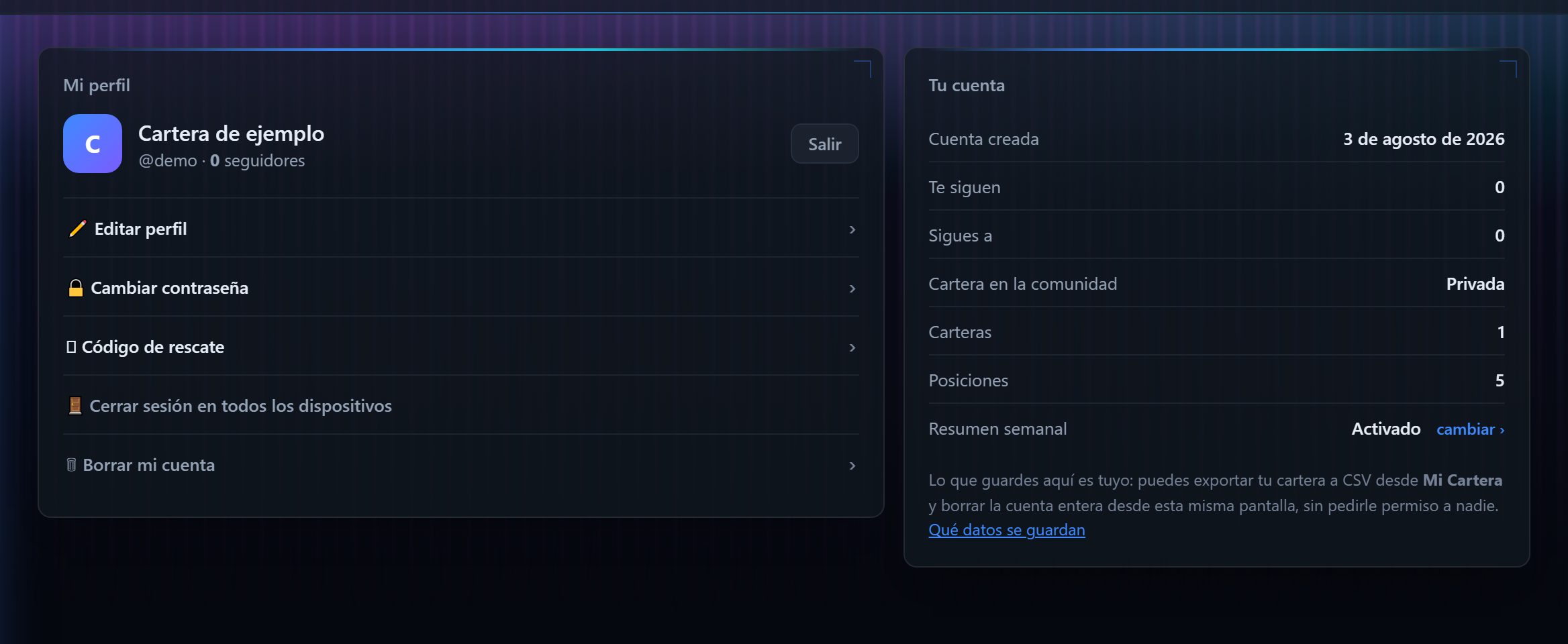 Vista de perfil de TrackInvex con los apartados de editar perfil, contraseña y código de rescate, y la tarjeta Tu cuenta a la derecha.
