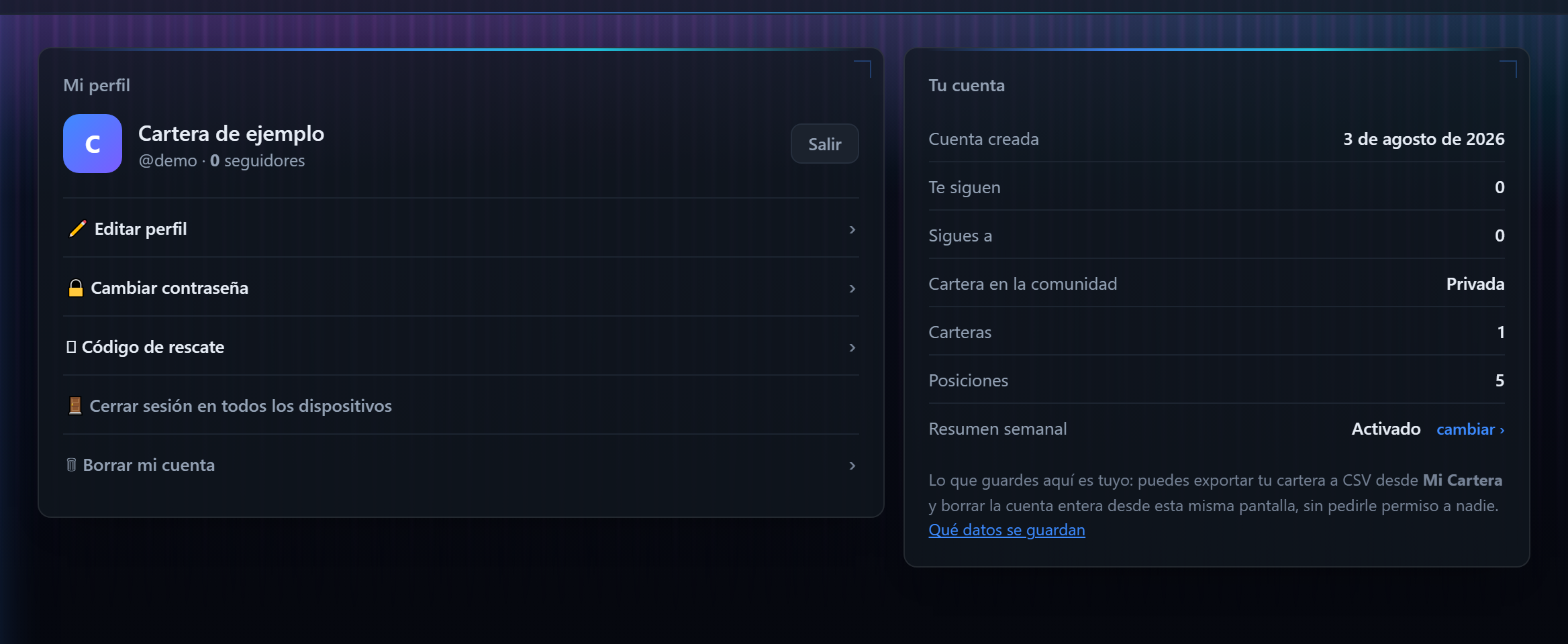 Vista de perfil de TrackInvex con los apartados de editar perfil, contraseña y código de rescate, y la tarjeta Tu cuenta a la derecha.