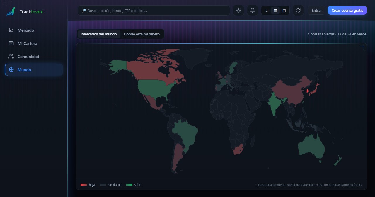 Mapa del mundo de TrackInvex con cada país coloreado en verde o rojo según cómo va su bolsa hoy.